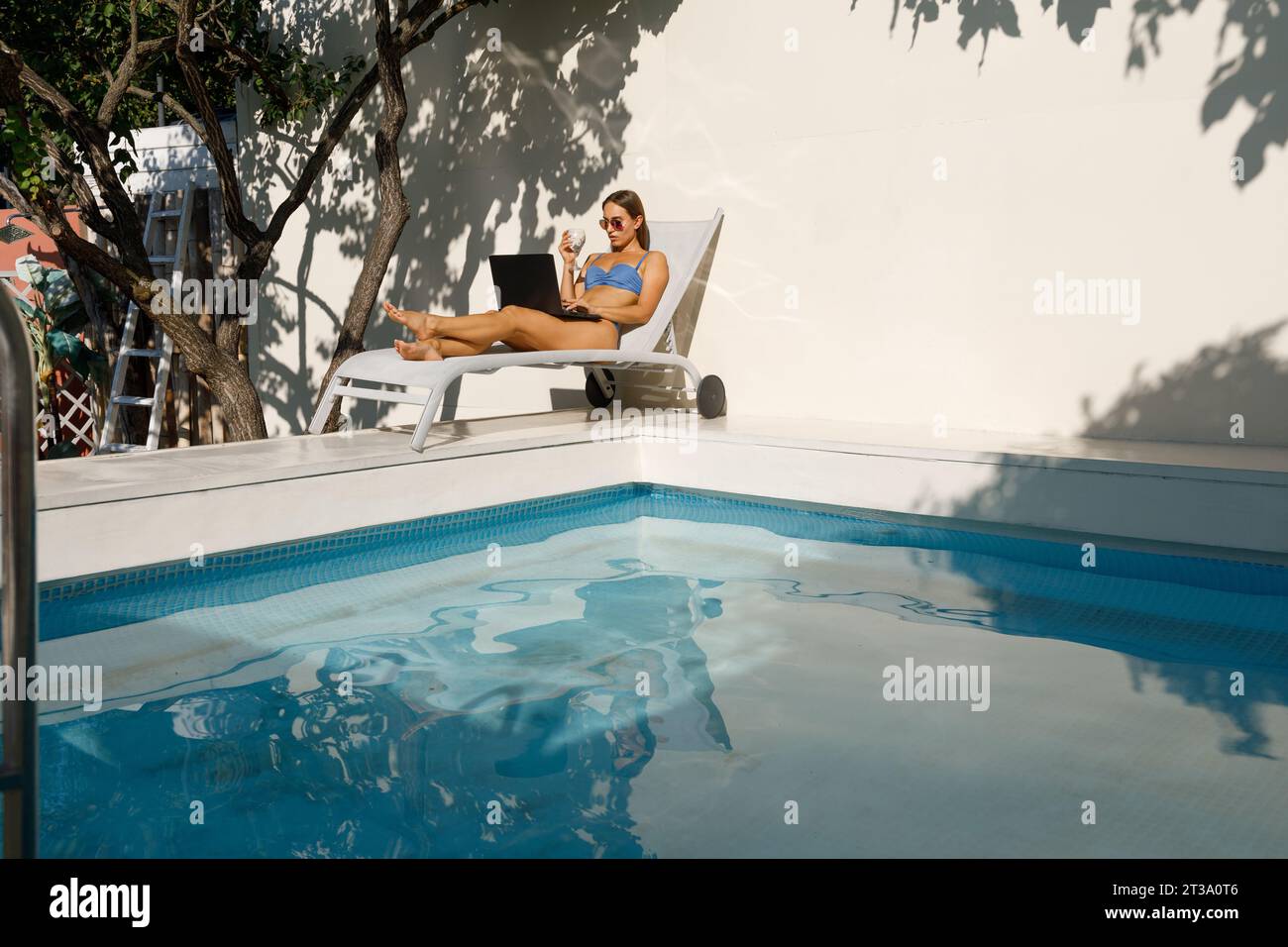 Tech-Savvy Sunbathing: Woman in Swimsuit on a Laptop Break Stock Photo