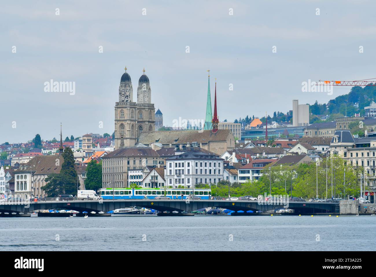 Zurich, Switzerland- May 25, 2023 :The old town of Zurich with the famous Fraumunster Church, view from Lake Zurich. Stock Photo