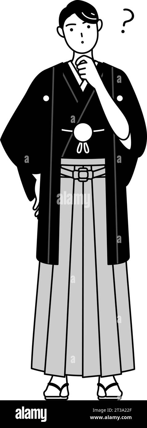 Man wearing Hakama with crest nodding his head in question, Vector ...