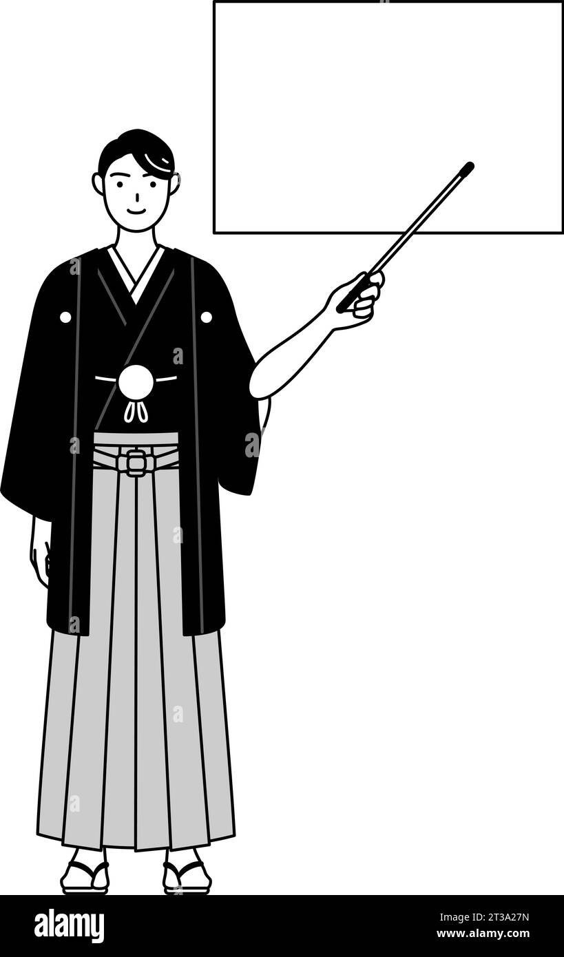 Man wearing Hakama with crest pointing at a whiteboard with an ...