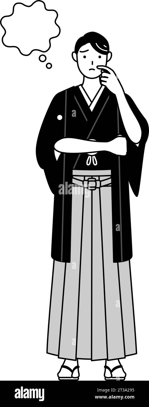 Man wearing Hakama with crest thinking while scratching his face ...