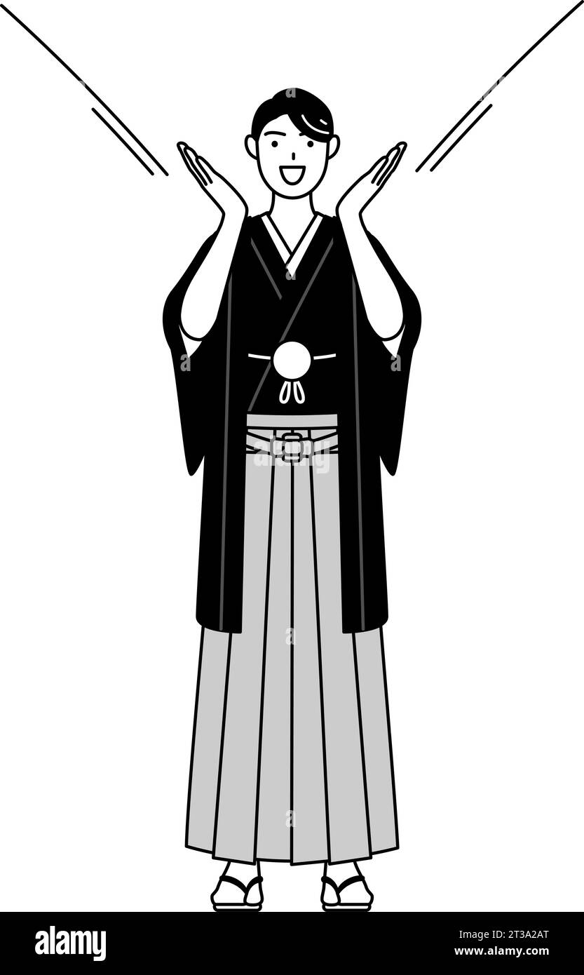 Man wearing Hakama with crest calling out with his hand over his mouth ...