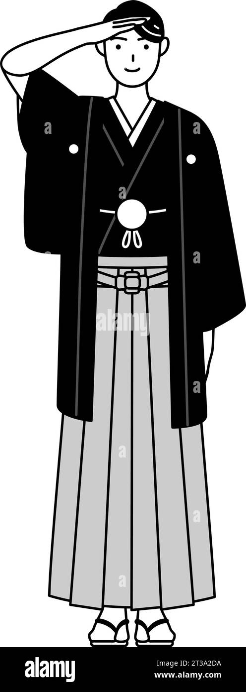 Man wearing Hakama with crest making a salute, Vector Illustration ...