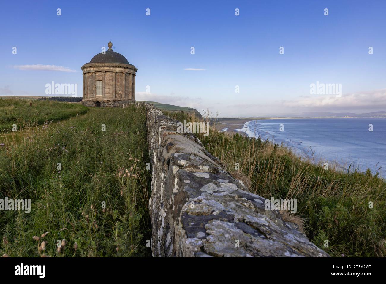 Mussenden Temple is a circular temple that was built in the late 18th century. It is located on the clifftop at Downhill Demesne, County Londonderry, Stock Photo