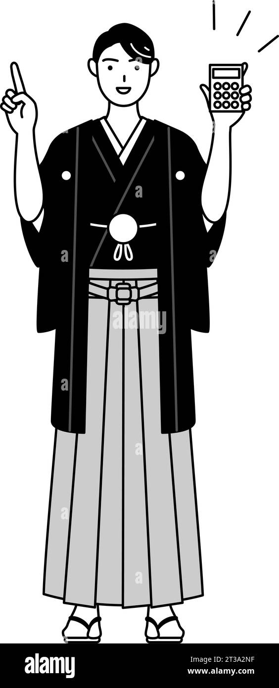 Man wearing Hakama with crest holding a calculator and pointing, Vector ...