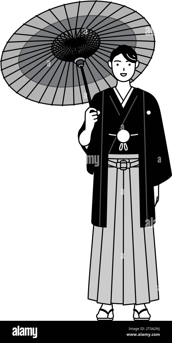 Man wearing Hakama with crest is holding a Japanese umbrella with smile, Vector Illustration Stock Vector