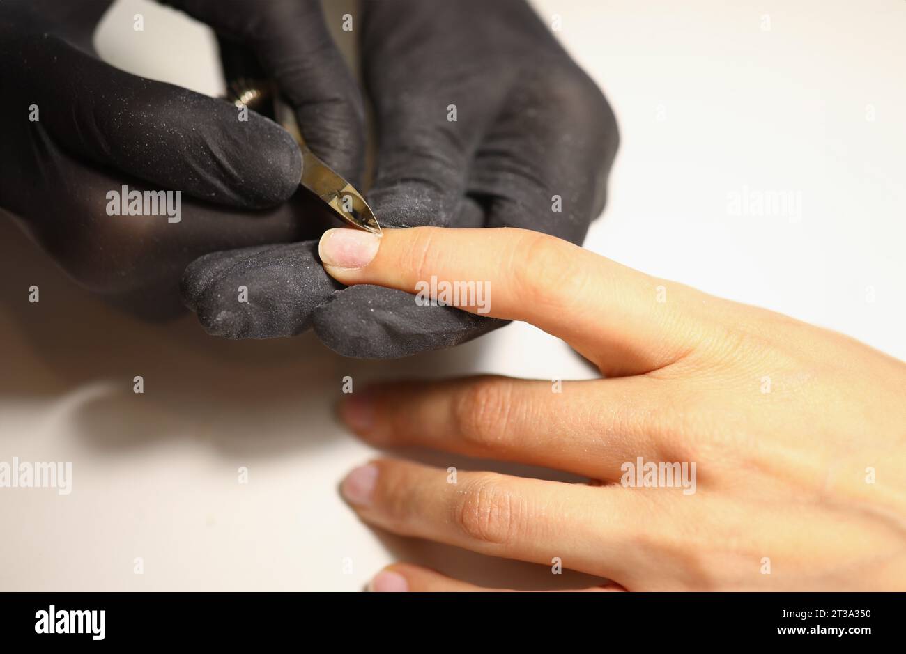 Gloved manicurist uses nippers to cut cuticles on nails. Manicure and