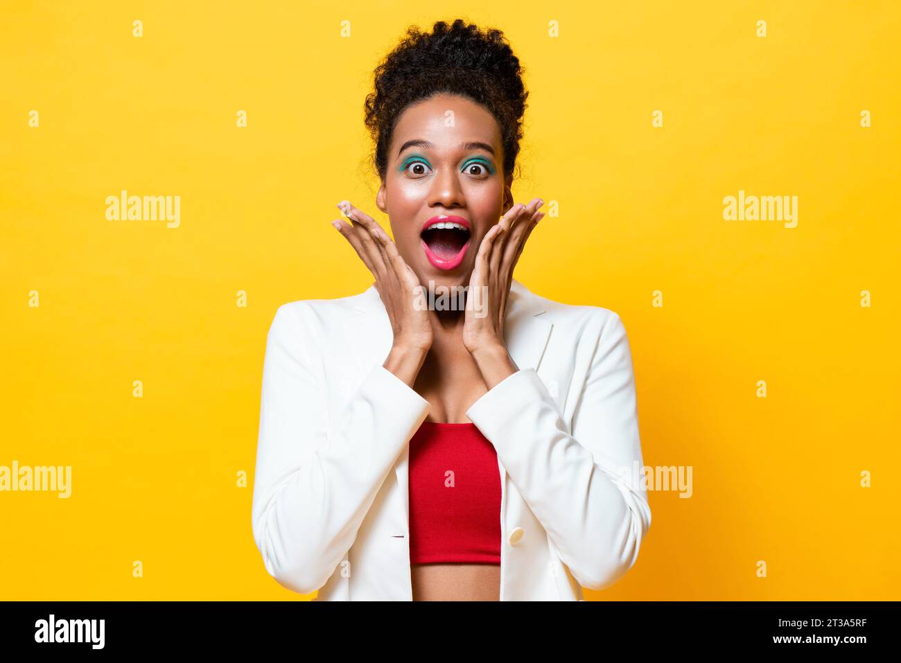Fashionable African-American woman with colorful makeup expressing shocked excited feeling with hands on cheeks in isolated yellow color background st Stock Photo