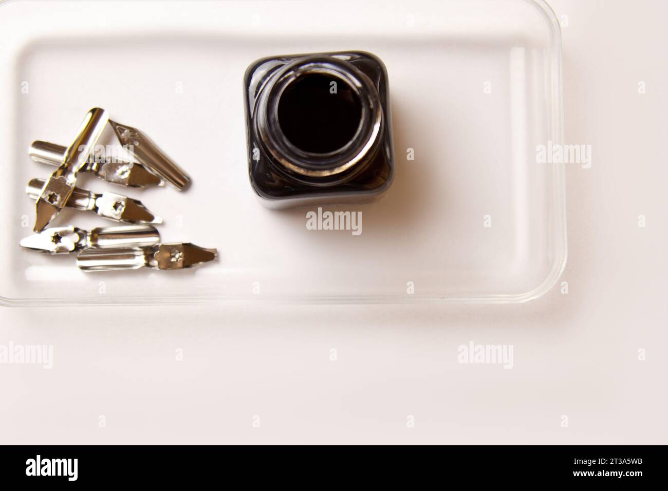 ink bottle with metal tips for ink pen on a white background ...