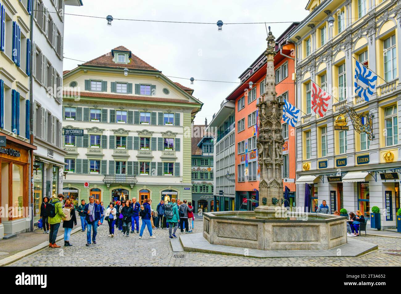Lucern- May 17 ,2023 : Colorful Historical buildings with frescos at picturesque square Muhlenplatz ,Switzerland. Stock Photo