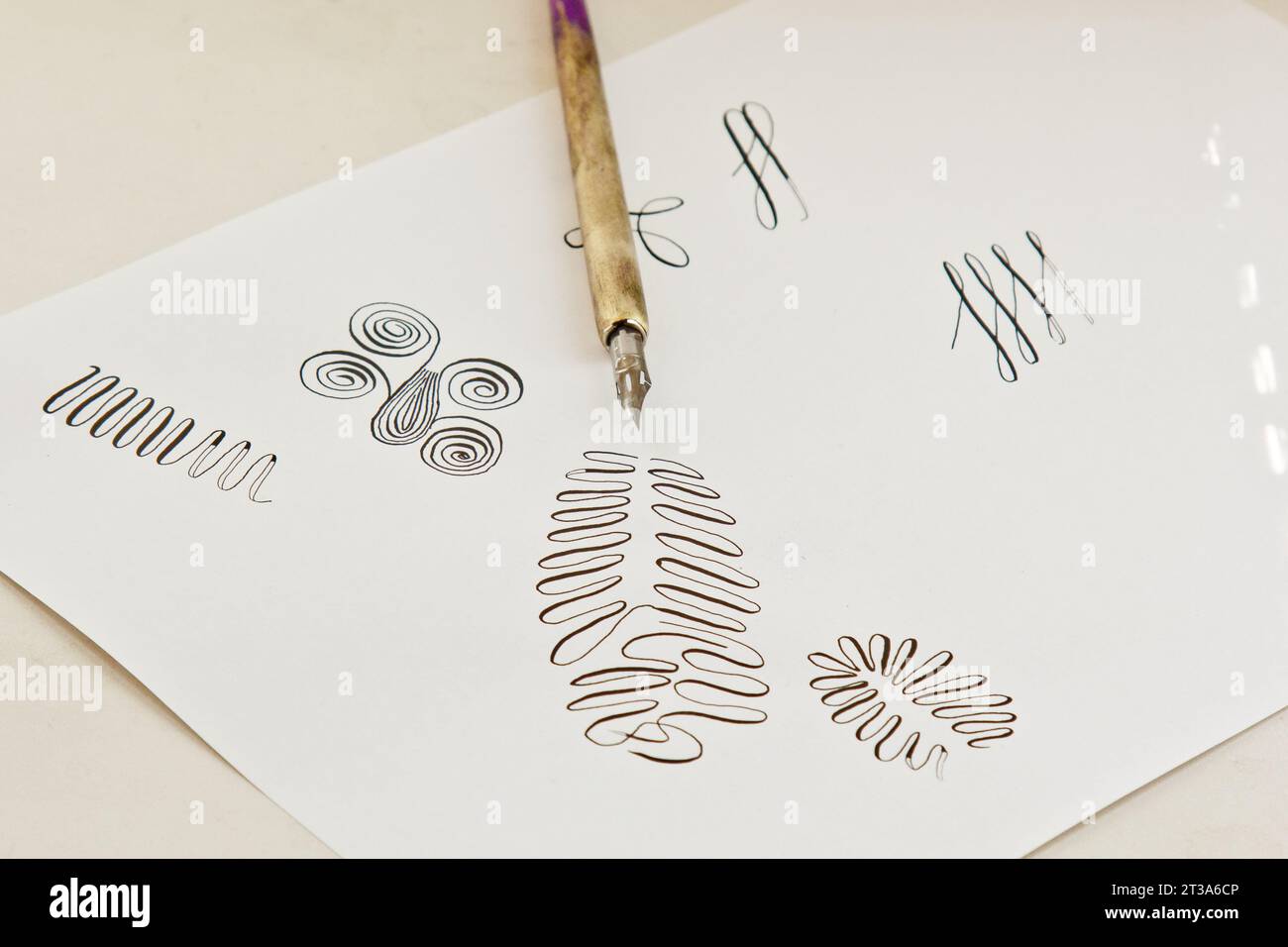 patterns drawn with an ink pen on a white paper sheet with stripes ...