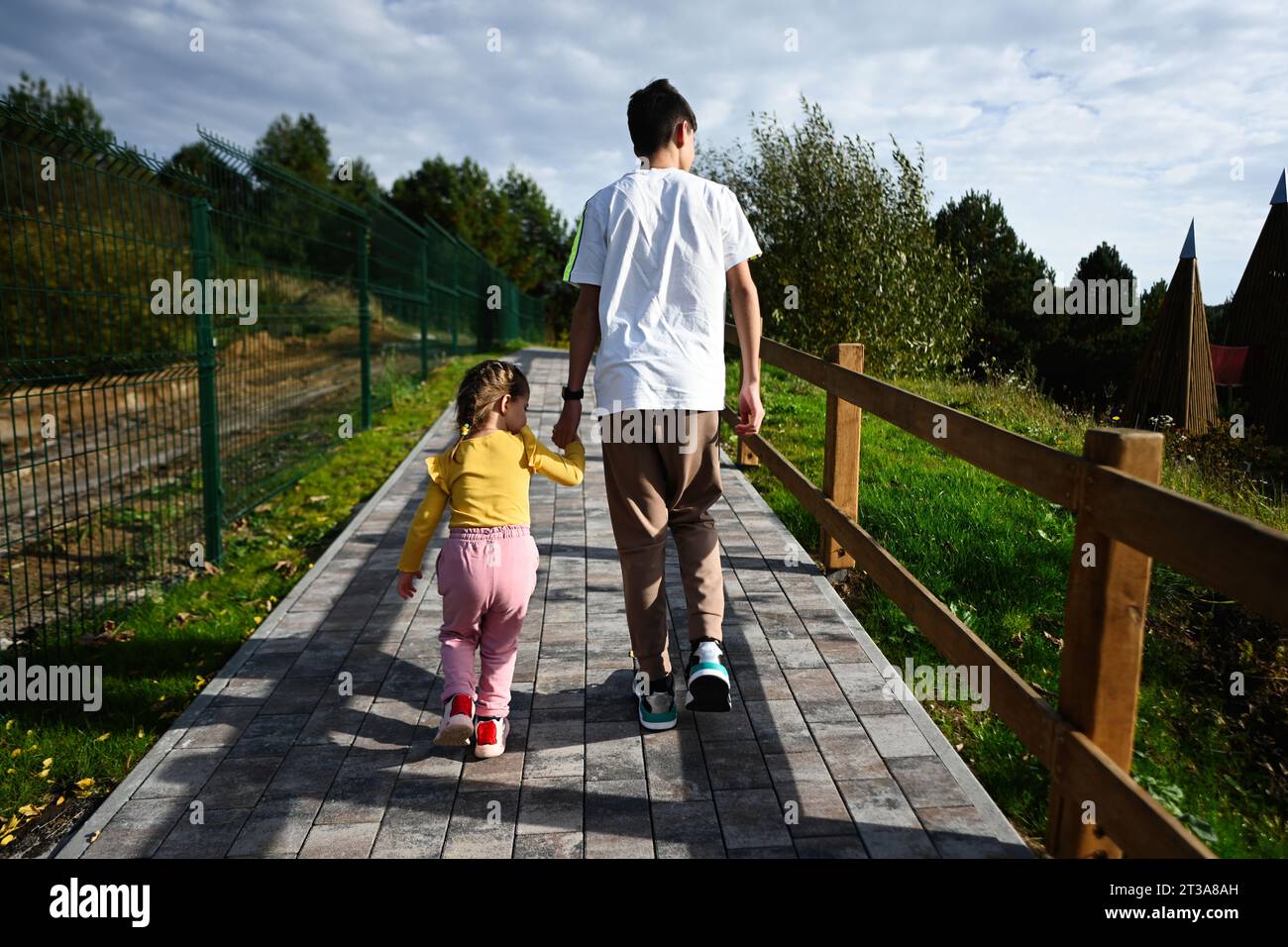 Back view of brother and sister walking on path in the park Stock Photo ...