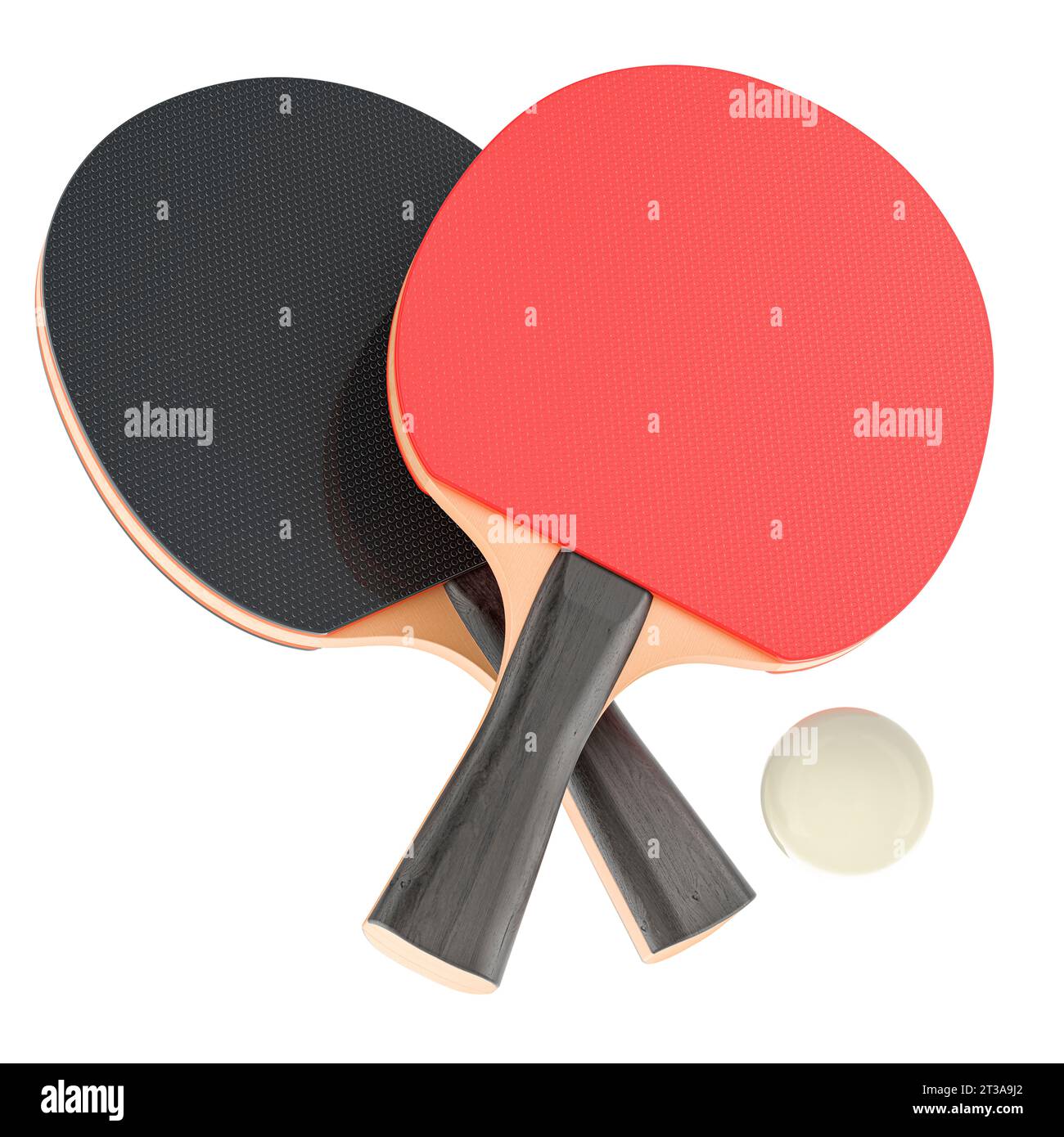 Table tennis equipment, ping pong rackets and ball. 3D rendering isolated on white background Stock Photo