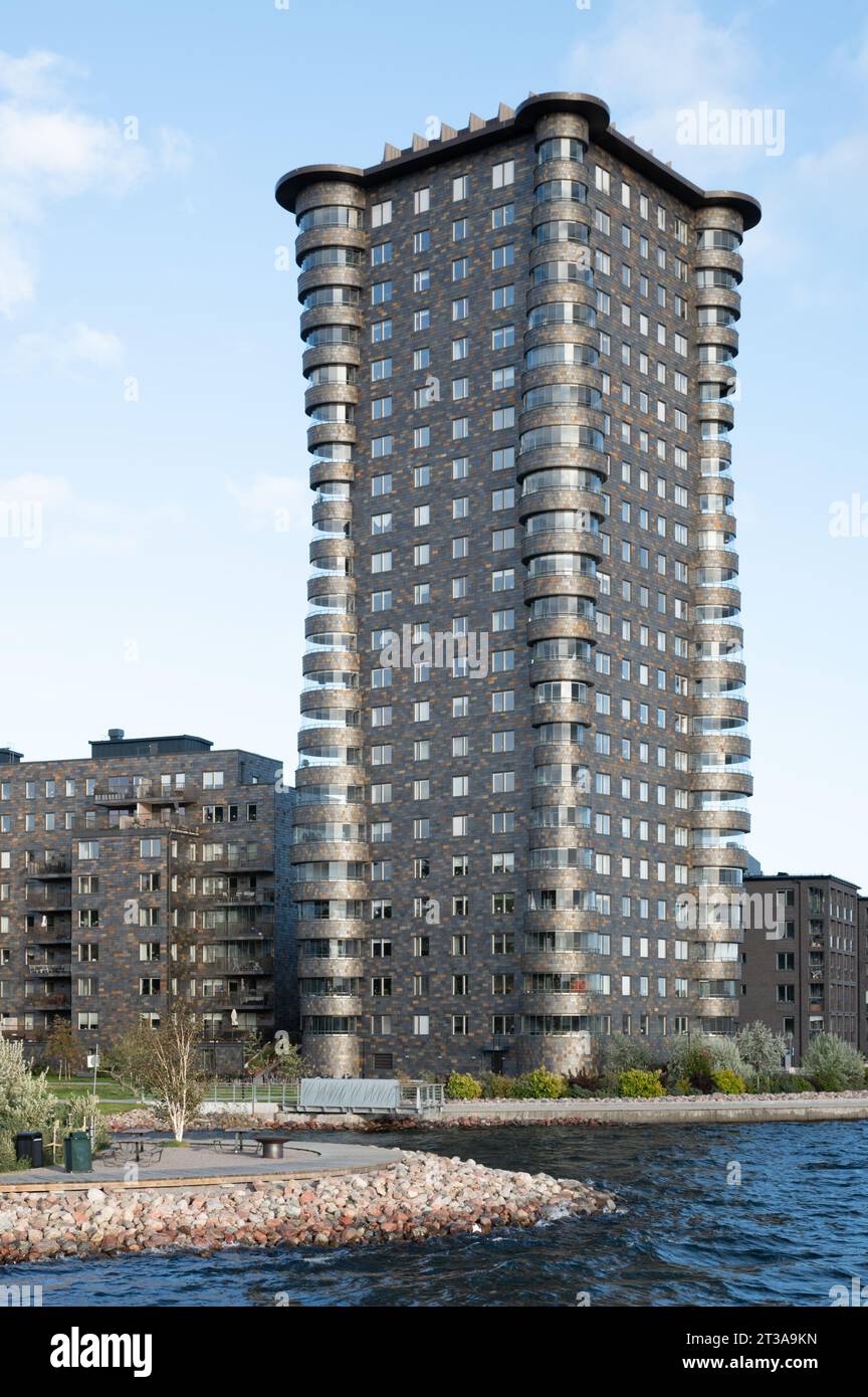 The Tower House Residential Building at the waterfront on the island of Lidingo, Stockholm. Stock Photo