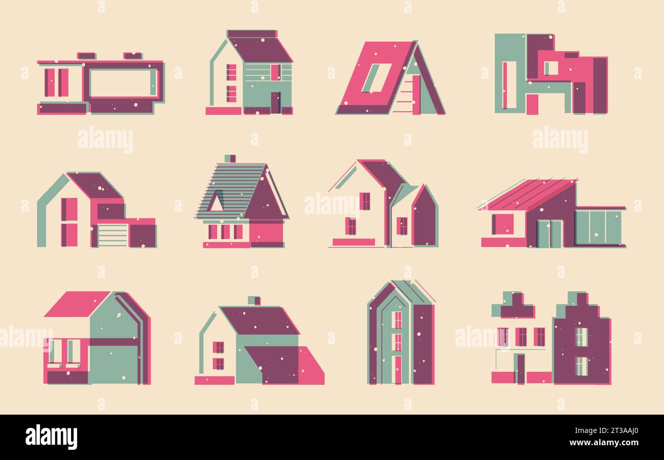 Riso houses printing. Postcard village houses with roofs and windows