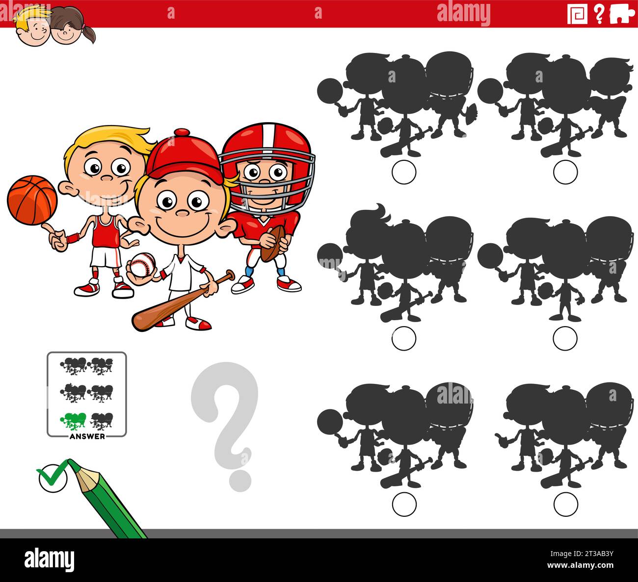 Cartoon illustration of finding the right picture to the shadow educational game with boys practicing various sports Stock Vector