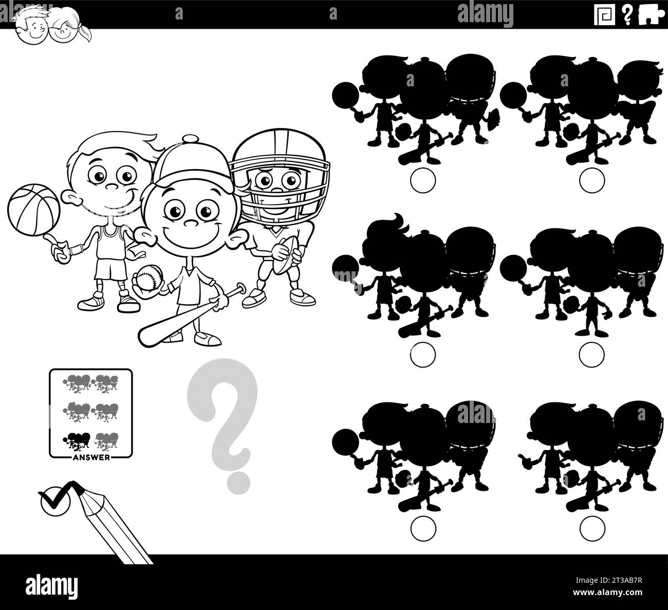 Black and white cartoon illustration of finding the right picture to the shadow educational game with boys practicing various sports coloring page Stock Vector