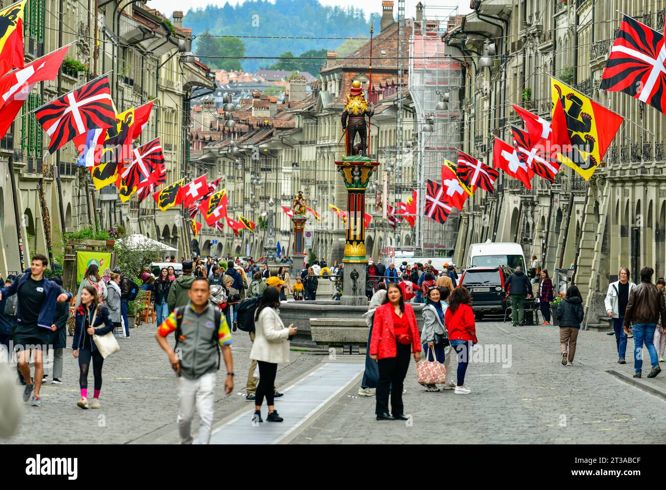 Bern-May 20 ,2023 :Old town view with tourists in Kramgasse street in Bern Switzerland Stock Photo