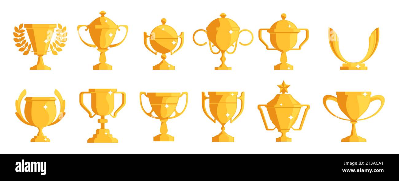 Golden cup icon. Cartoon gold cup award with ribbons and laurel ...