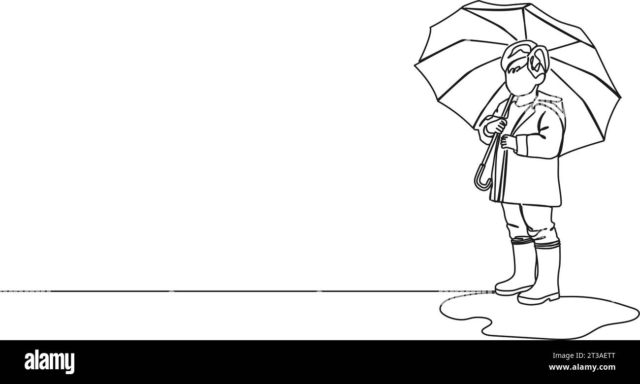 continuous single line drawing of young boy wearing raincoat and rubber boots holding an umbrella, line art vector illustration Stock Vector