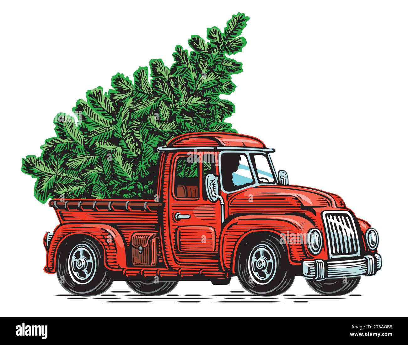Green fir tree on red retro pickup truck. Merry Christmas and Happy New Year. Vector illustration Stock Vector