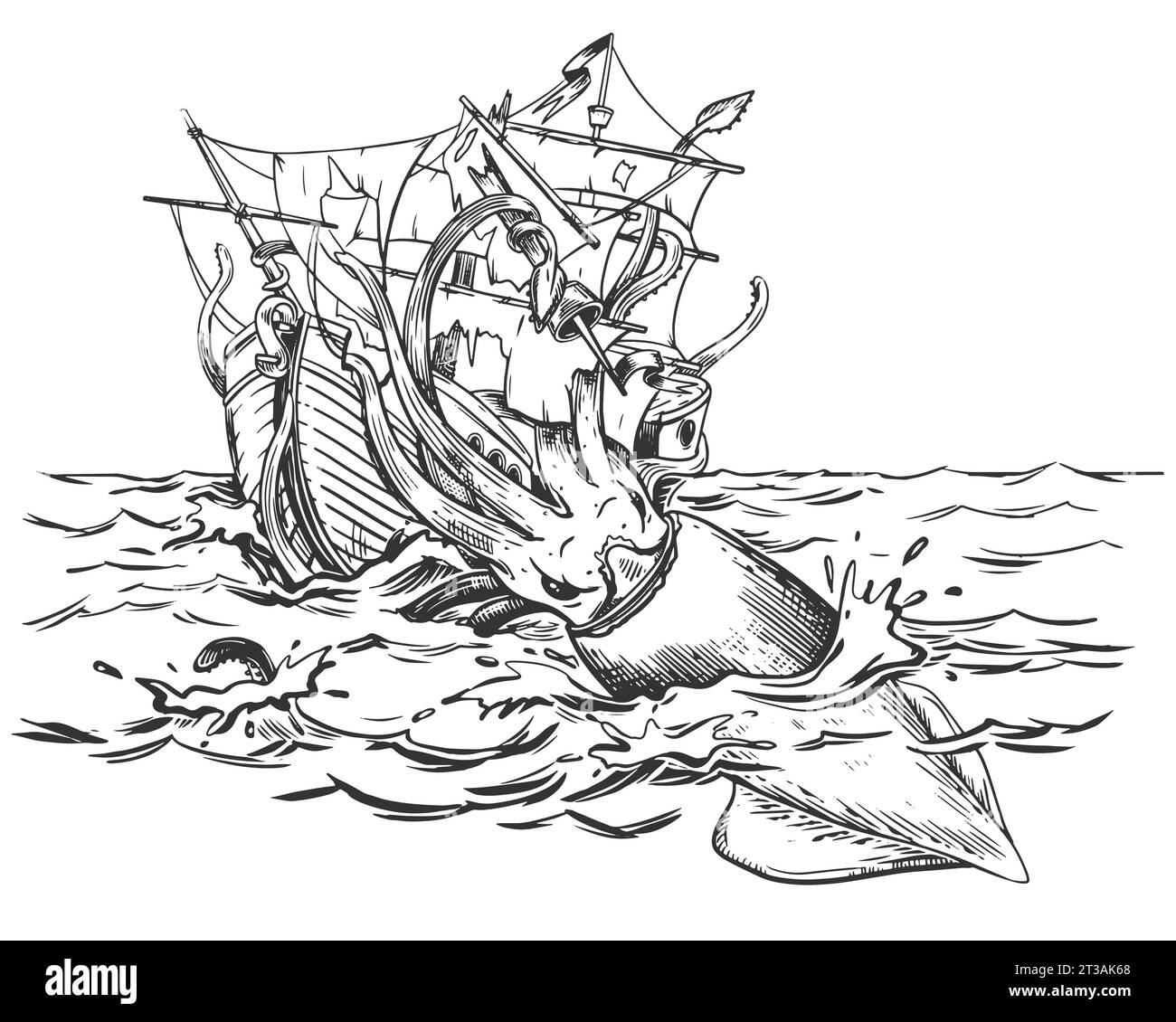 The legendary kraken is attacking the ship. A huge squid drags a sailboat underwater. Monochrome drawing. Vector illustration in engraving style. Comp Stock Vector