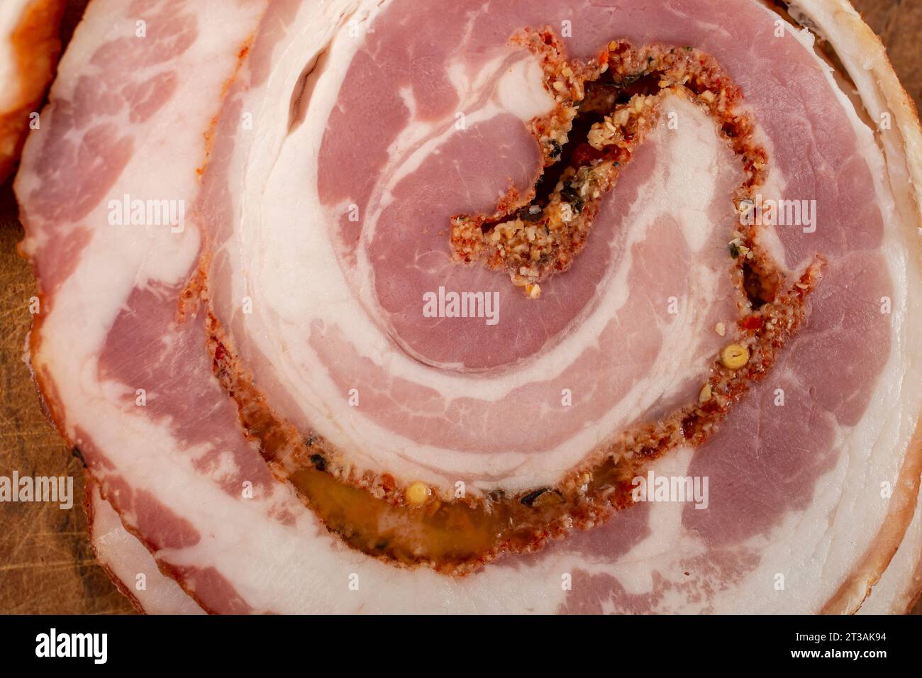 Pork meat roulade sliced , flat lay soft focus Stock Photo - Alamy