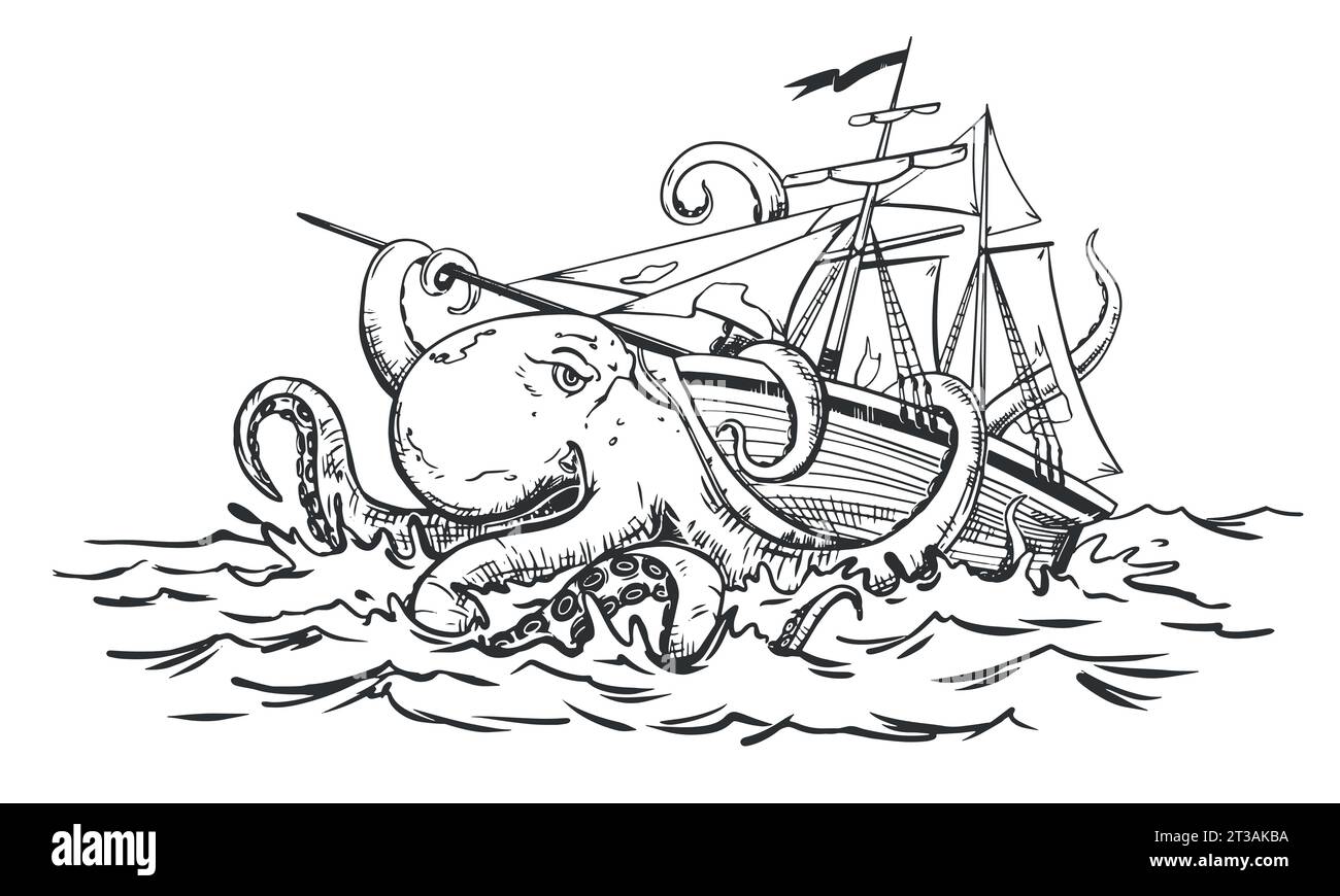 An enraged kraken attacks the arusnik. A mythical monster from the dark depths attacks the ship. The octopus wraps its tentacles around the ship and p Stock Vector