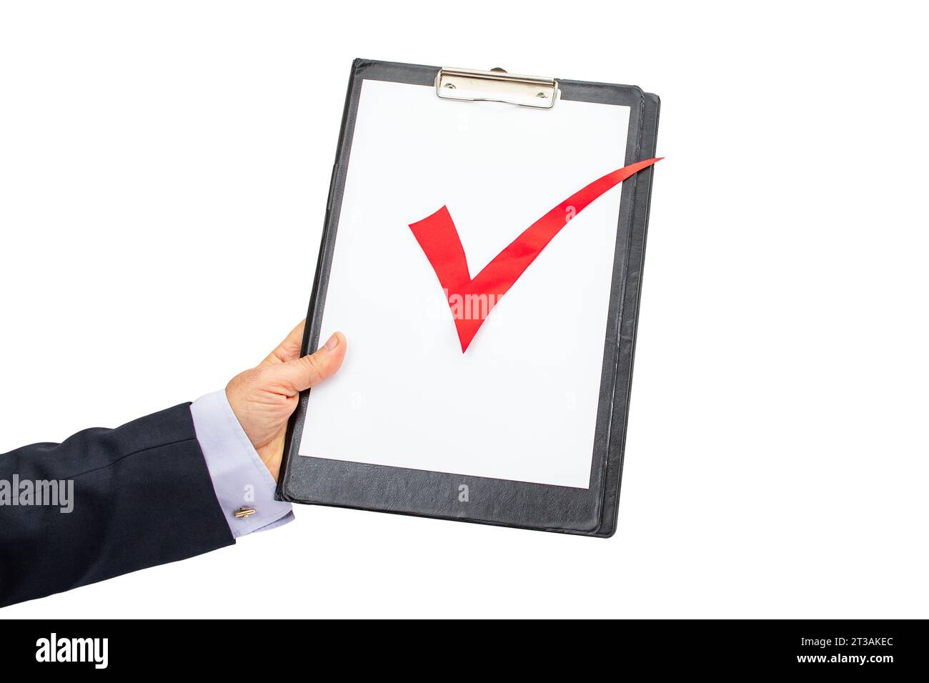 Business man hand holding a clipboard with a red check sign , isolated on white background Stock Photo