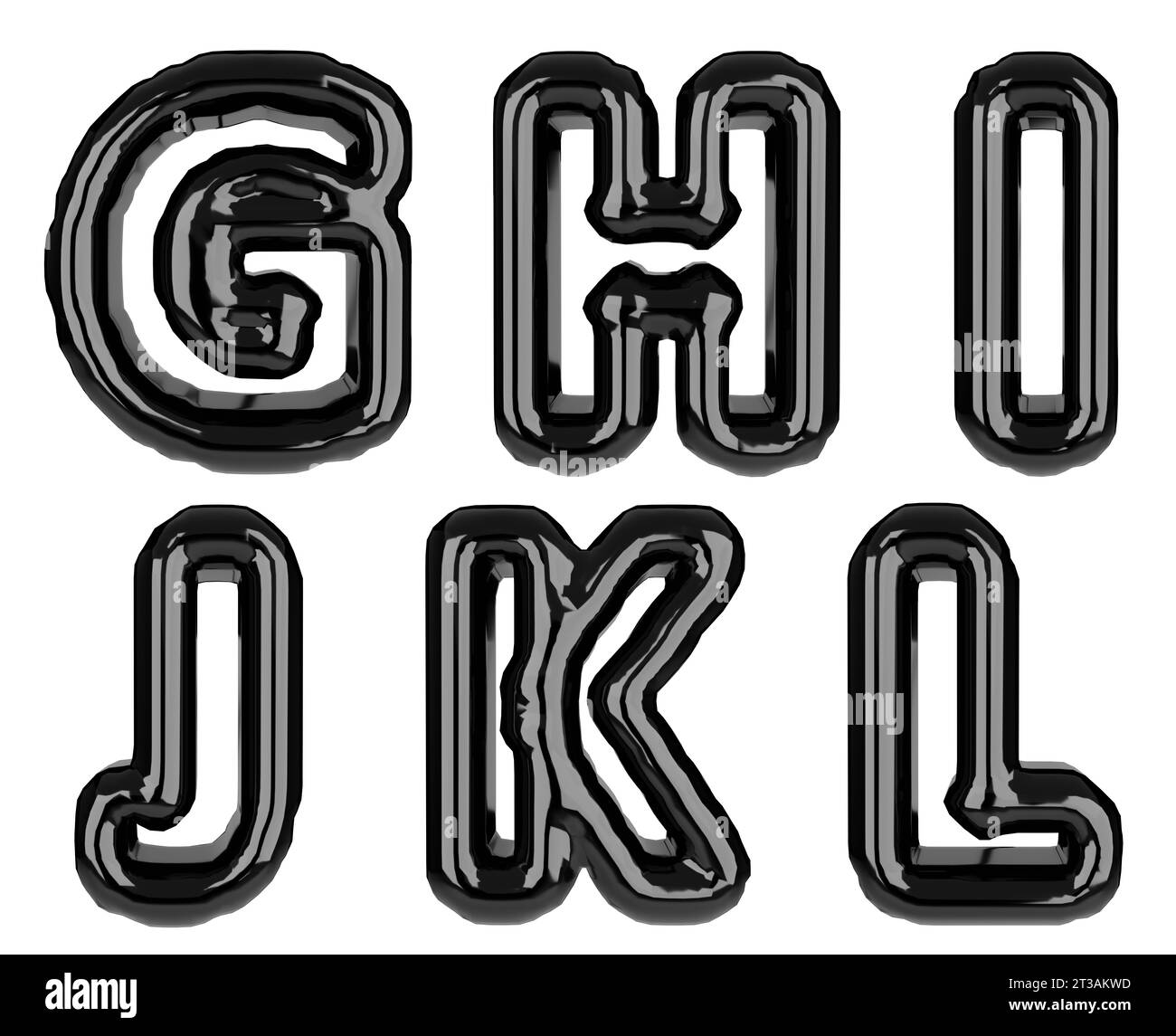 Glossy inflated black color letter G, H, I, J, K, L illustration. 3D render of latex bubble font with glint. Graphic type, typography, ABC clipart, al Stock Photo