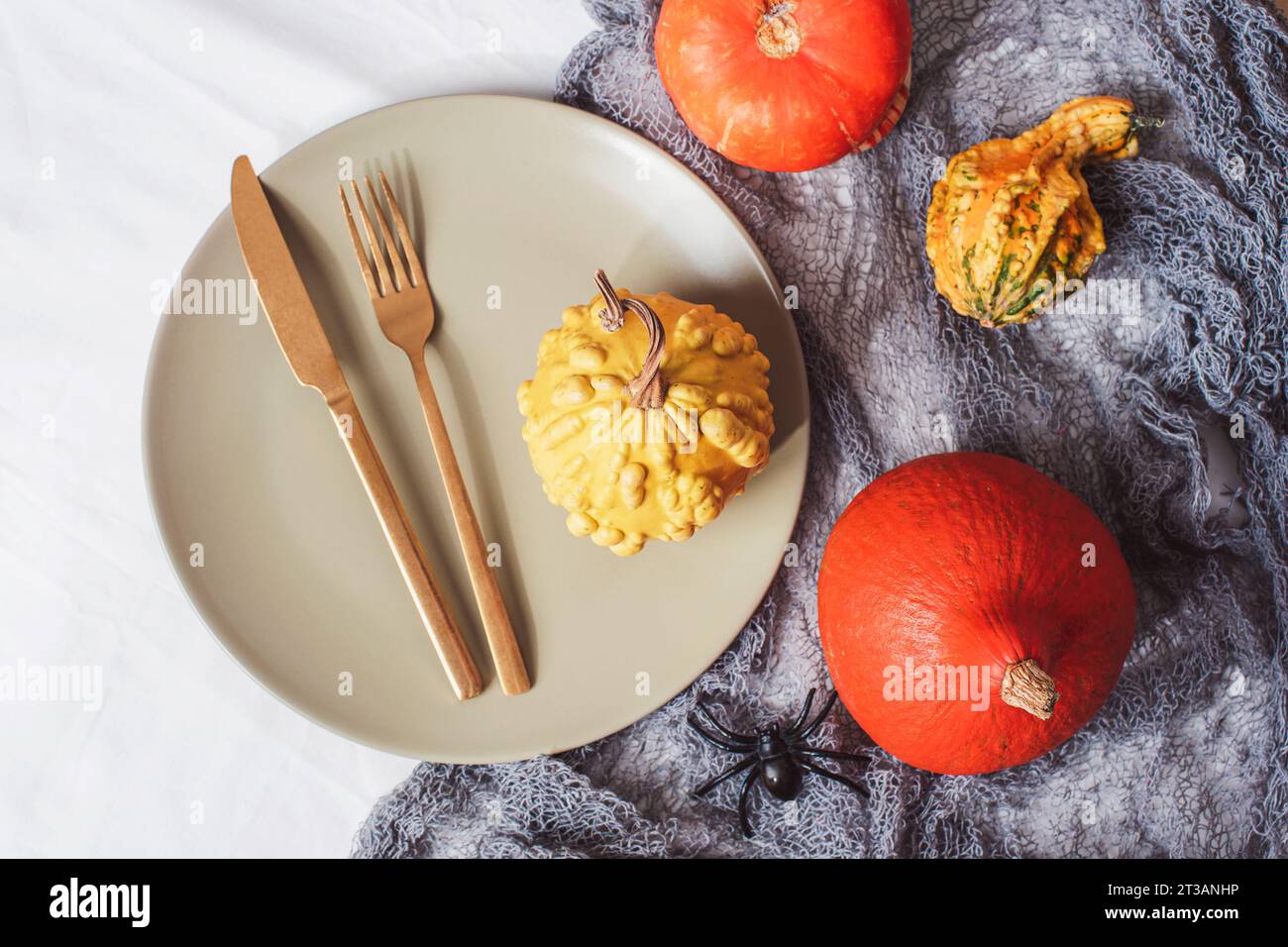 Festive Halloween autumn holiday dinner place setting. Seasonal table setting with pumpkins, spider, grey spiderweb and autumn decor on white backgrou Stock Photo