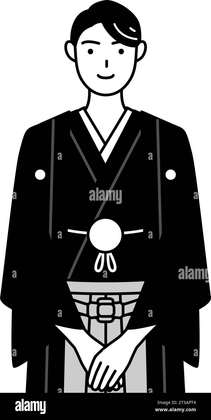 Man wearing Hakama with crest bowing with folded hands, Vector ...