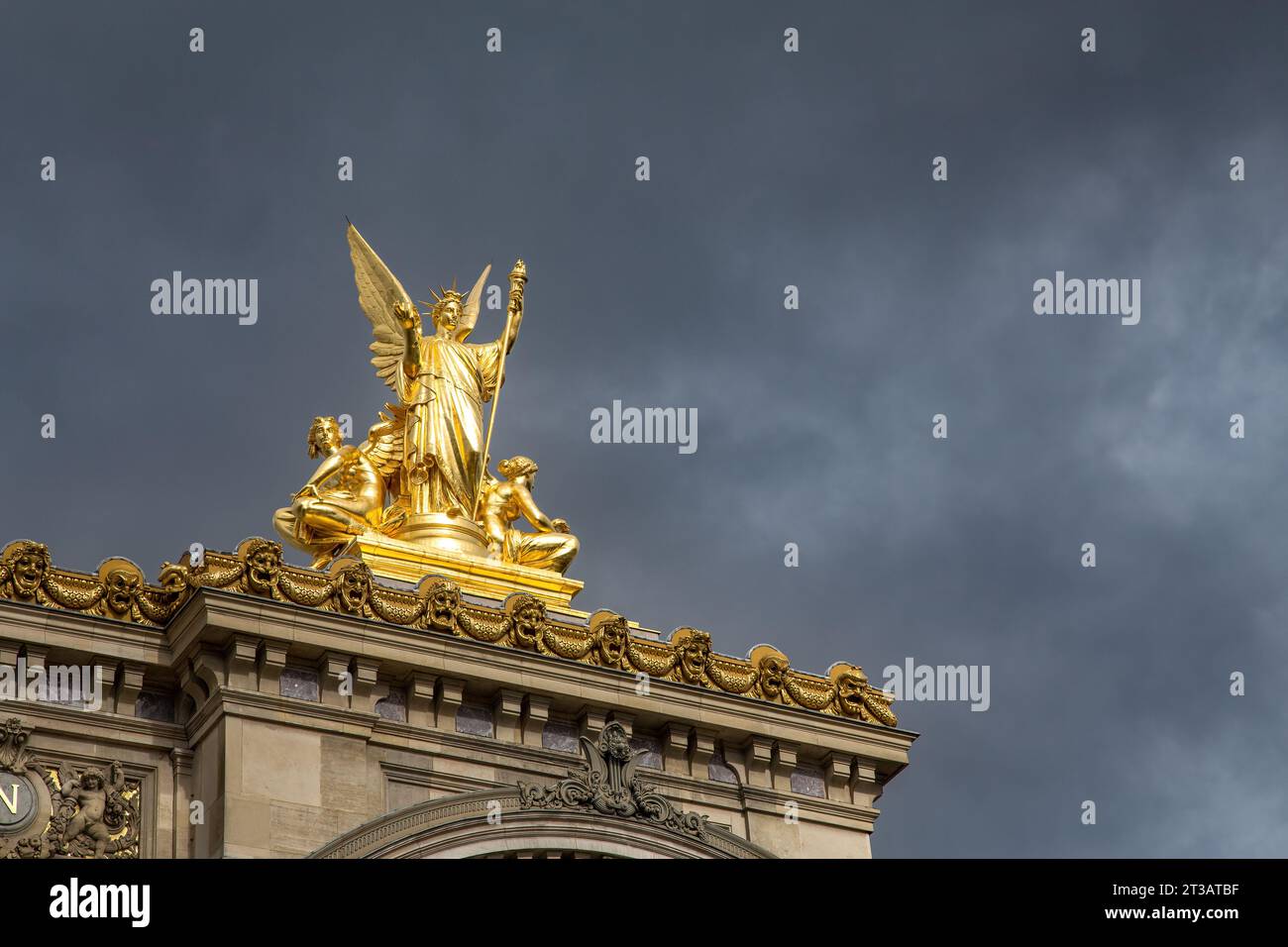 Paris, France - 2 March 2015: The golden statue of Liberty on the roof of the Opera Garnier, or Paris Opera House. Sculpted by Charles Gumery in 1869. Stock Photo