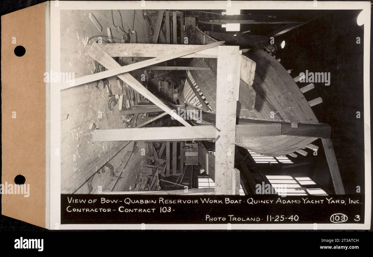 Contract No. 103, Construction of Work Boat for Quabbin Reservoir, Quincy, view of bow, Quincy, Mass., Nov. 25, 1940 Stock Photo