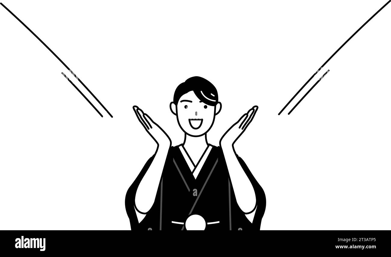 Man wearing Hakama with crest calling out with his hand over his mouth ...