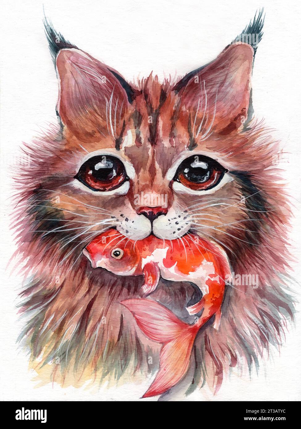 Watercolor illustration of a cat with a fish. cat Golden fish. The cat caught a fish Stock Photo