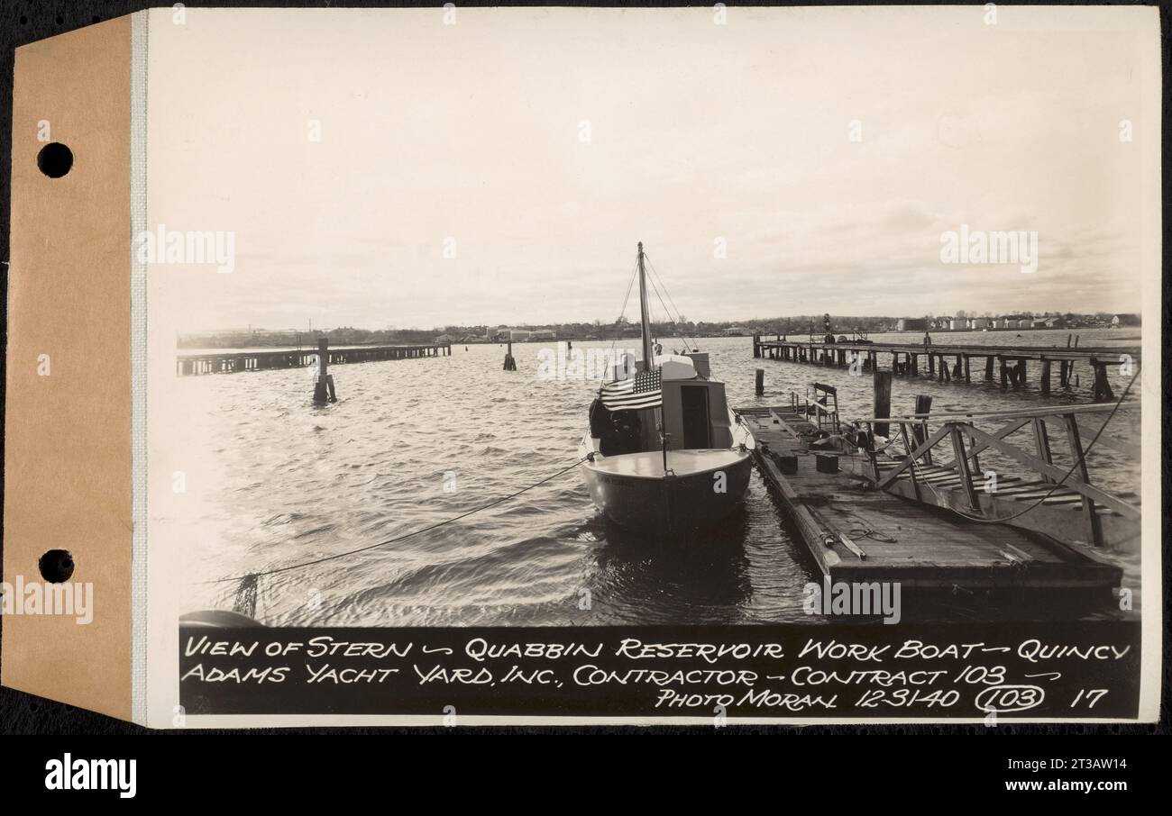Contract No. 103, Construction of Work Boat for Quabbin Reservoir, Quincy, view of stern, Quincy, Mass., Dec. 31, 1940 Stock Photo