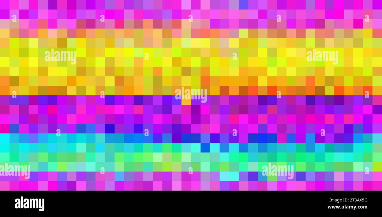 Pixel rainbow abstract mosaic background. Multicolor gradient with dithering. Vector 16 bit illustration in retro style. Horizontal seamless pattern Stock Vector