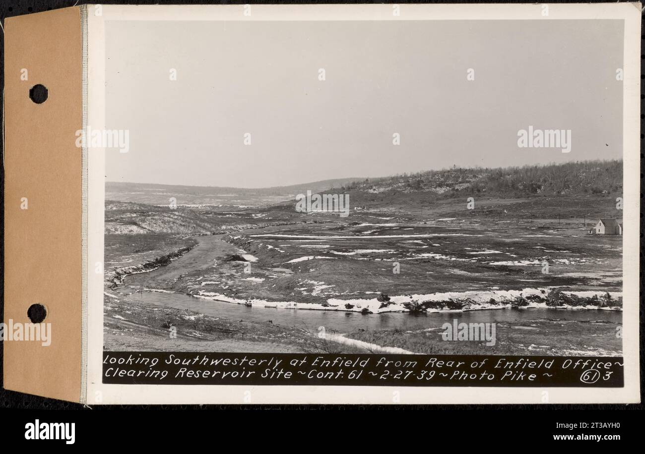Contract No. 61, Clearing West Branch, Quabbin Reservoir, Belchertown, Pelham, Shutesbury, New Salem, Ware (including in areas of former towns of Enfield and Prescott), looking southwesterly at Enfield from rear of Enfield Office, Enfield, Mass., Feb. 27, 1939 Stock Photo