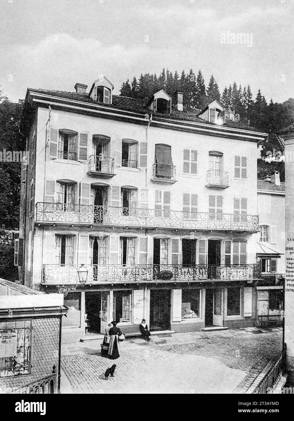 Photography , The white house of the town of Plombieres les Bains in 1903, Plombières-les-Bains, nicknamed the City of a Thousand Balconies, is a very fashionable spa resort at different times and notably in the 19th century, under Louis-Philippe I and Napoleon III . Stock Photo