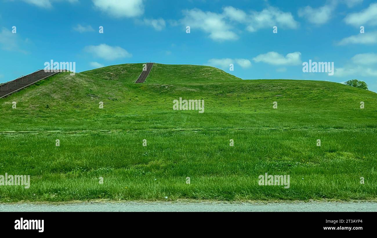Collinsville, IL USA - May 9, 2023:  Indian mounds at Cahokia Mounds State Historic Site in Collinsville, Illinois. Stock Photo