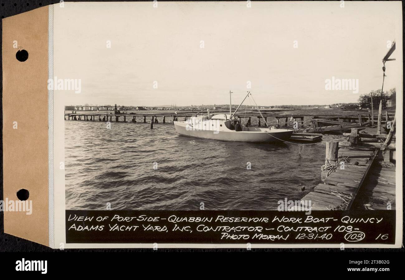 Contract No. 103, Construction of Work Boat for Quabbin Reservoir, Quincy, view of port side, Quincy, Mass., Dec. 31, 1940 Stock Photo