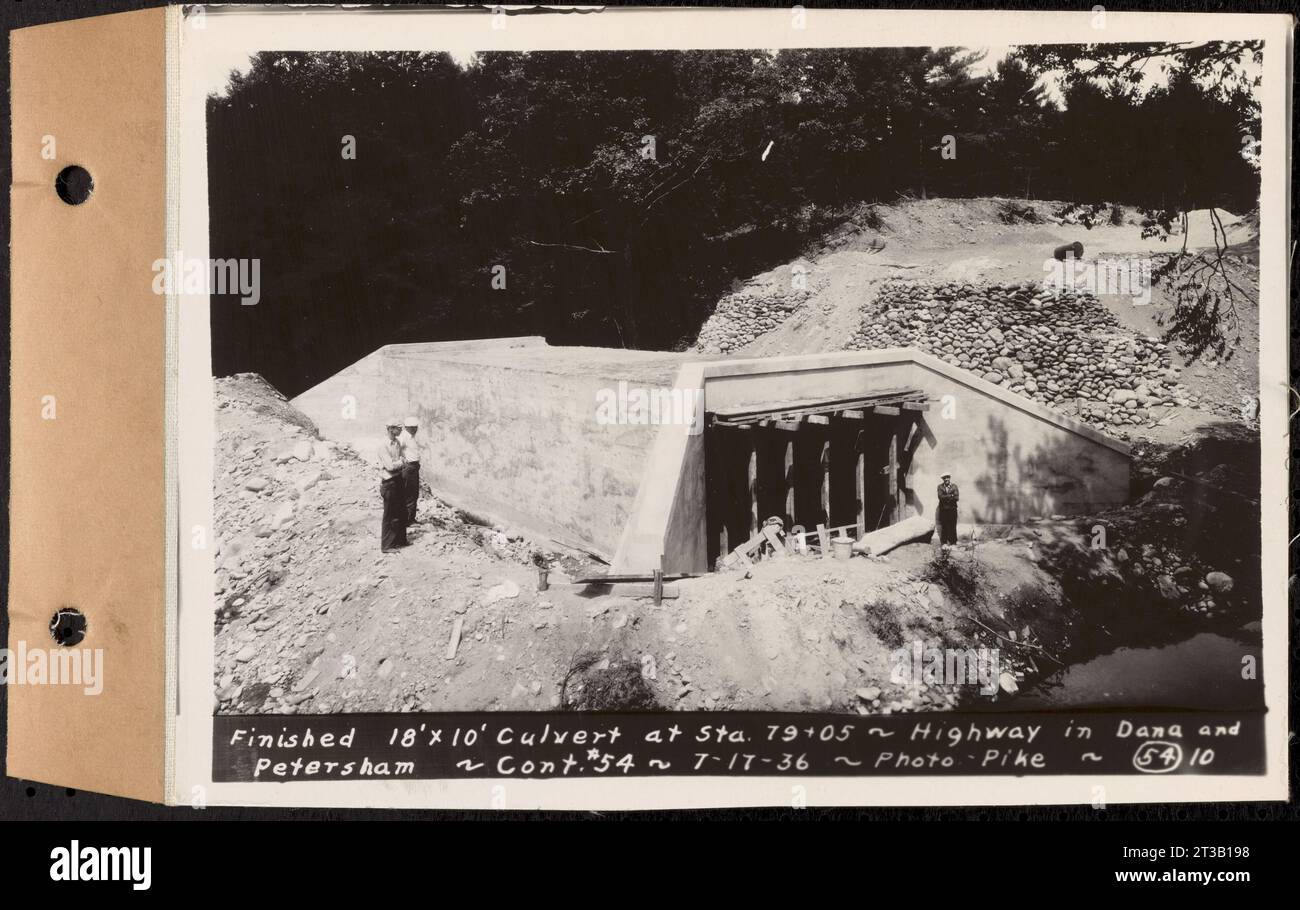 Contract No. 54, Highway in Towns of Dana, Petersham, Worcester County, finished 18ft. x 10ft. Culvert at Sta. 79+05, Dana and Petersham, Mass., Jul. 17, 1936 Stock Photo