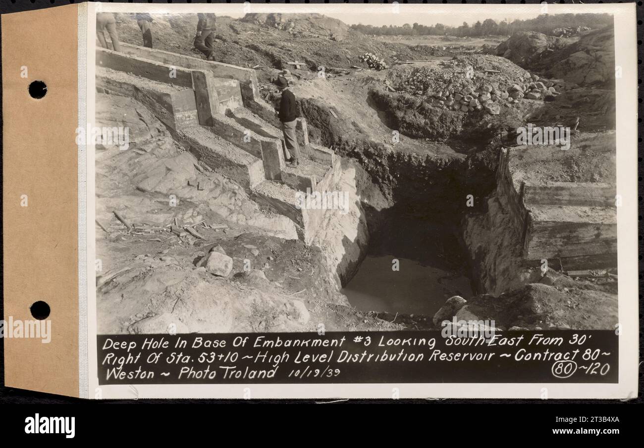 Contract No. 80, High Level Distribution Reservoir, Weston, deep hole in base of embankment 3 looking southeast from 30 feet right of Sta. 53+10, high level distribution reservoir, Weston, Mass., Oct. 19, 1939 Stock Photo
