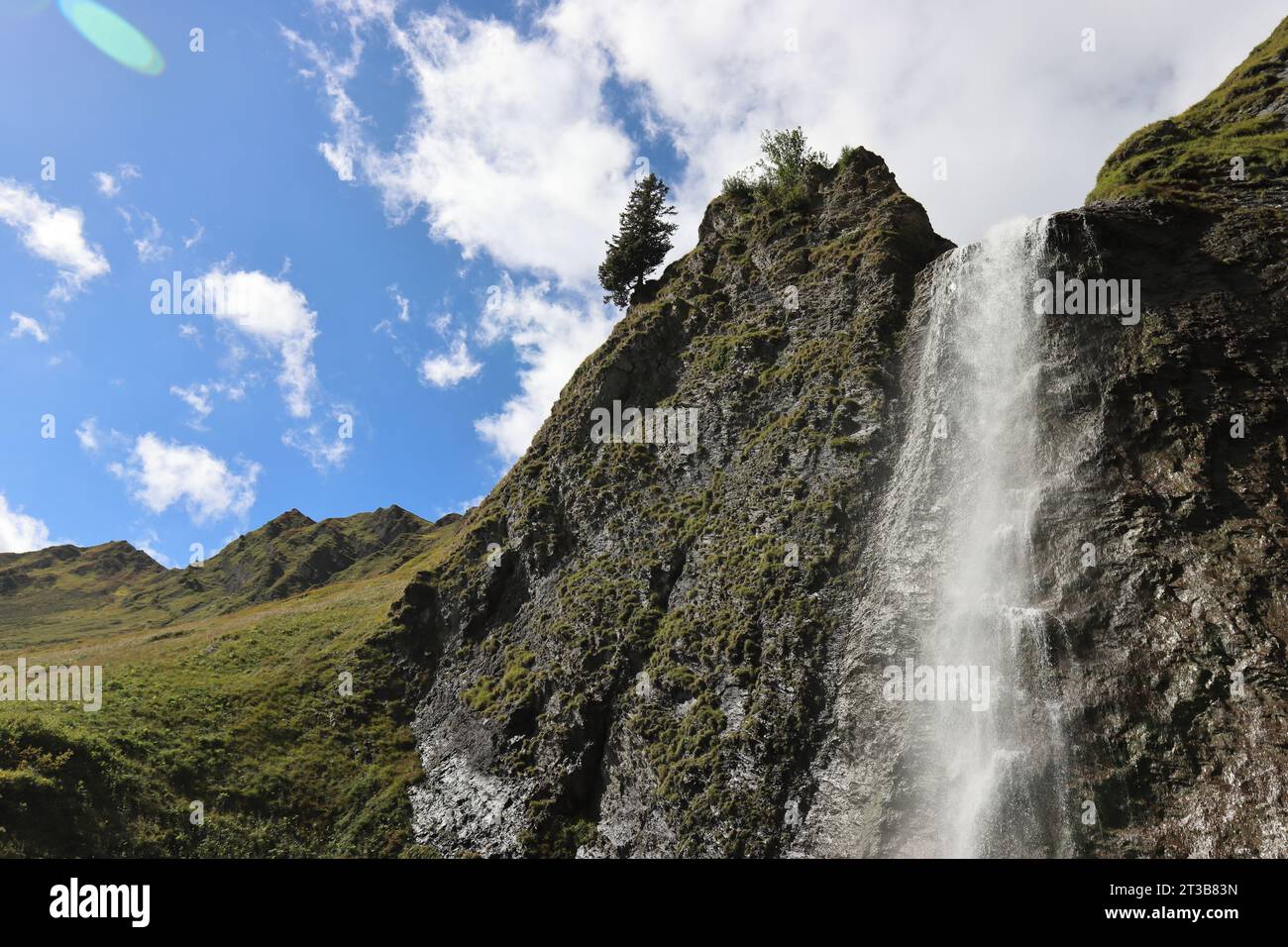 beautiful view of the Schleier waterfall in the mountains near Hintertux, Austria Stock Photo