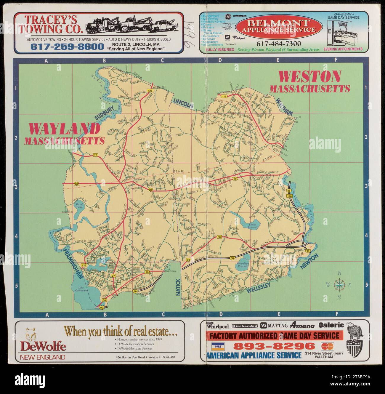 Map of Wayland Massachusetts and Weston Massachusetts, 1996 Stock Photo