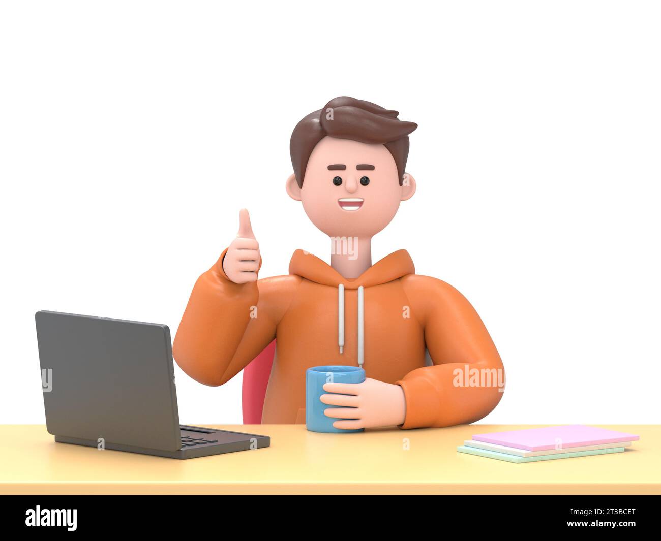 3D illustration of smiling businessman Qadir -  happy, energetic woman working on computer in workplace.3D rendering on white background. Stock Photo