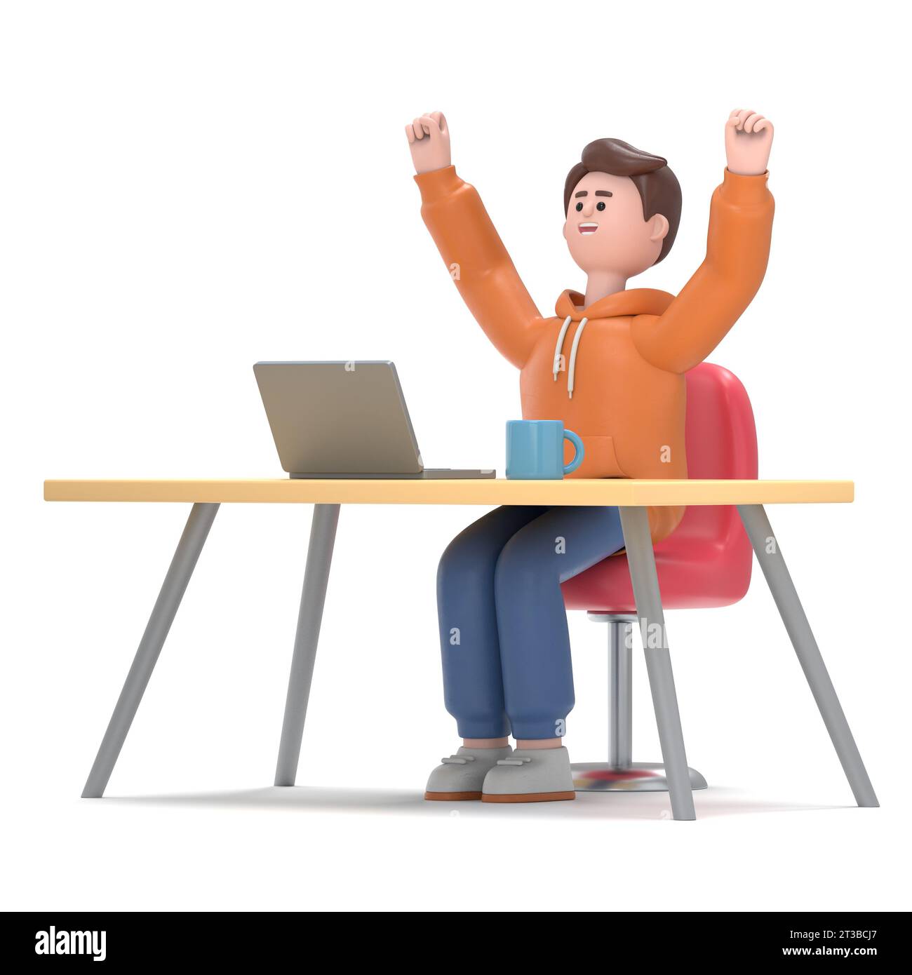 3D Illustration of smiling businessman Qadir with laptop sitting in a chair and throwing his hands up in the air. Cartoon joyful businessman celebrati Stock Photo