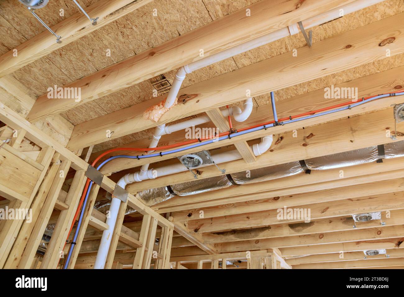 New home construction installing pvc plastic drain pipe and water