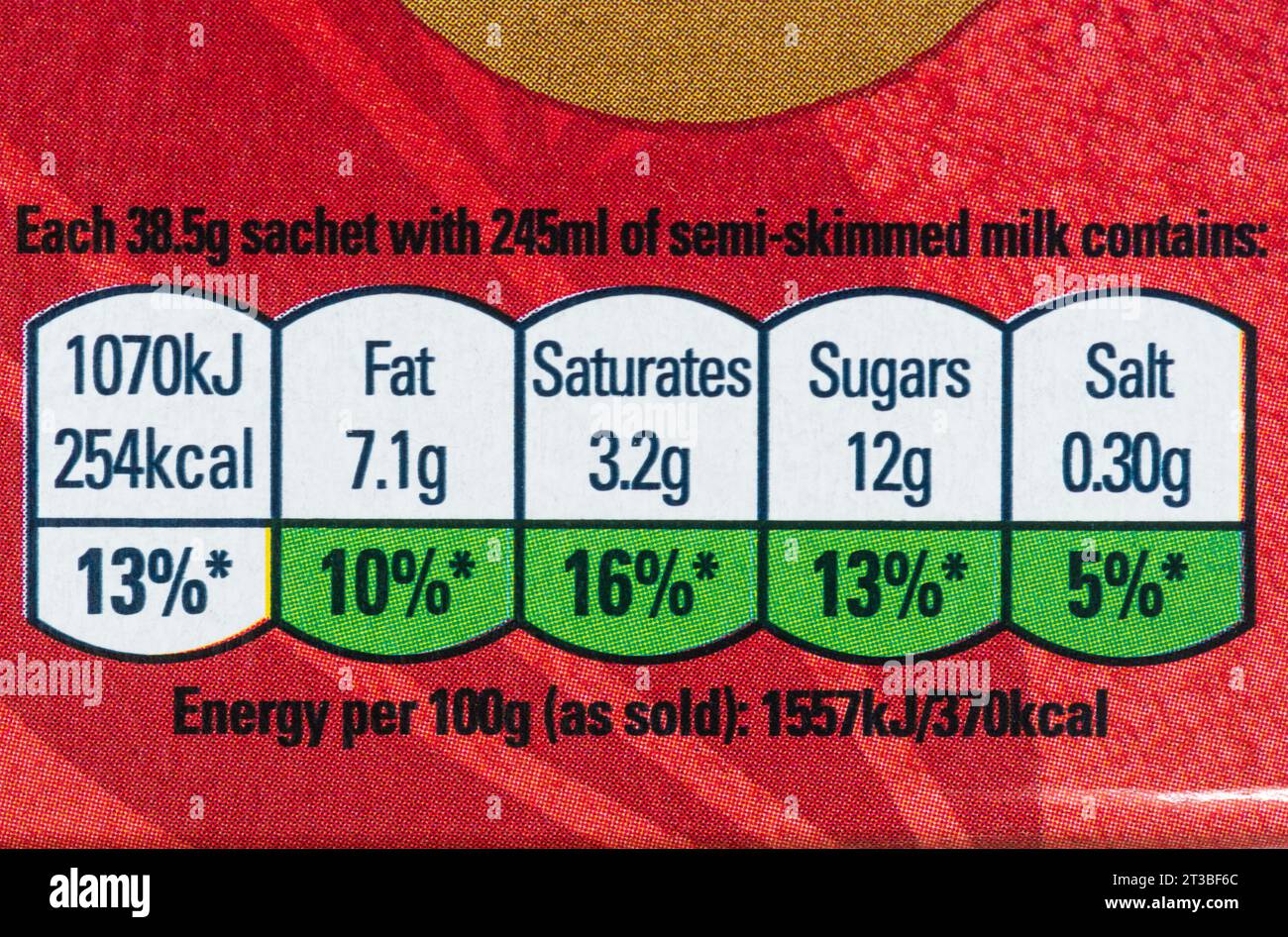Food label giving nutritional information on pack of Quaker Oat So Simple porridge or oats sachets, England, UK. Healthy breakfast cereal food Stock Photo